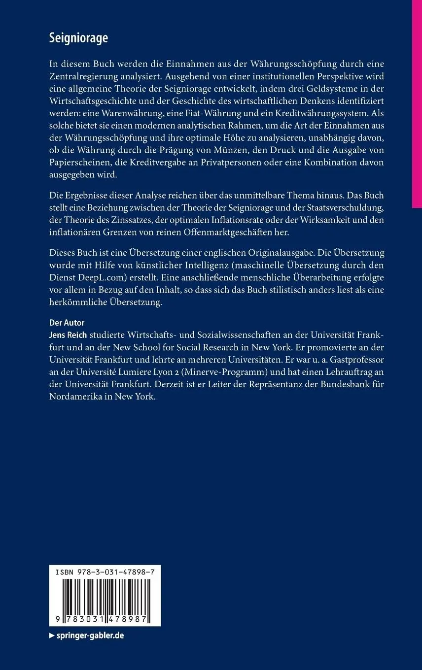 Rückseite: 9783031478987 | Seigniorage | Über die Einnahmen aus der Geldschöpfung | Jens Reich