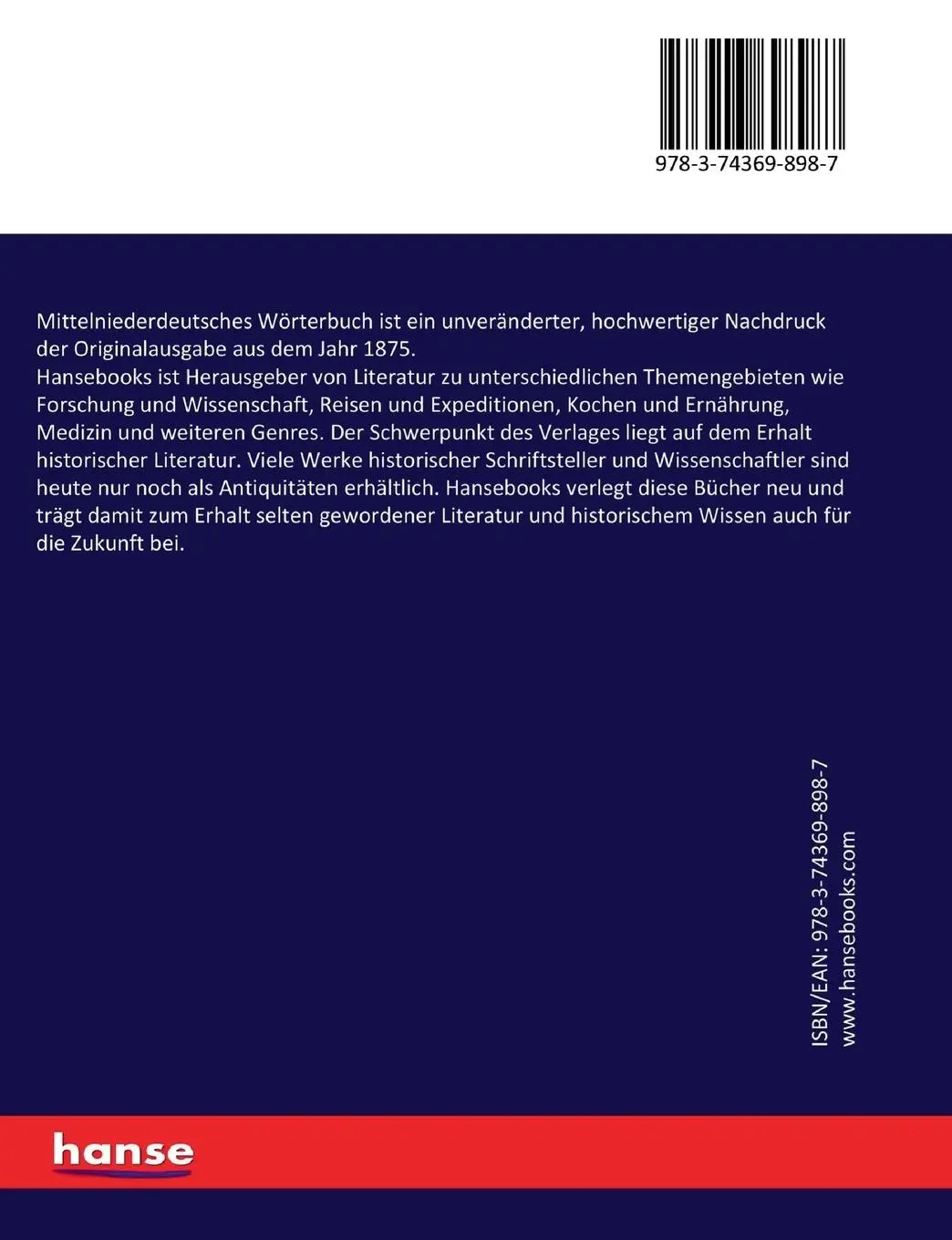 Rückseite: 9783743698987 | Mittelniederdeutsches Wörterbuch | Karl Schiller | Taschenbuch | 2019