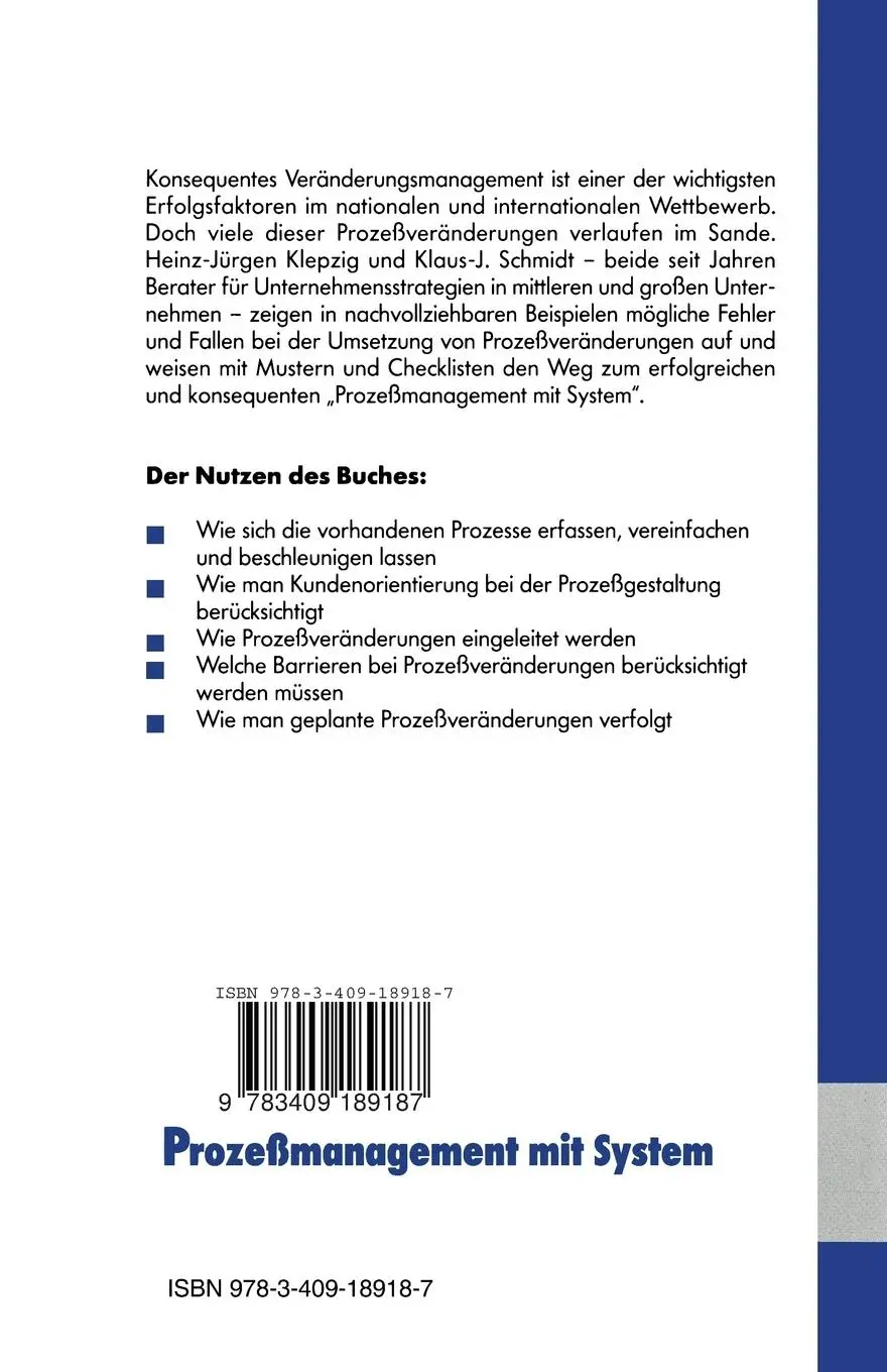 Rückseite: 9783409189187 | Prozeßmanagement mit System | Klaus-Jürgen Schmidt | Taschenbuch