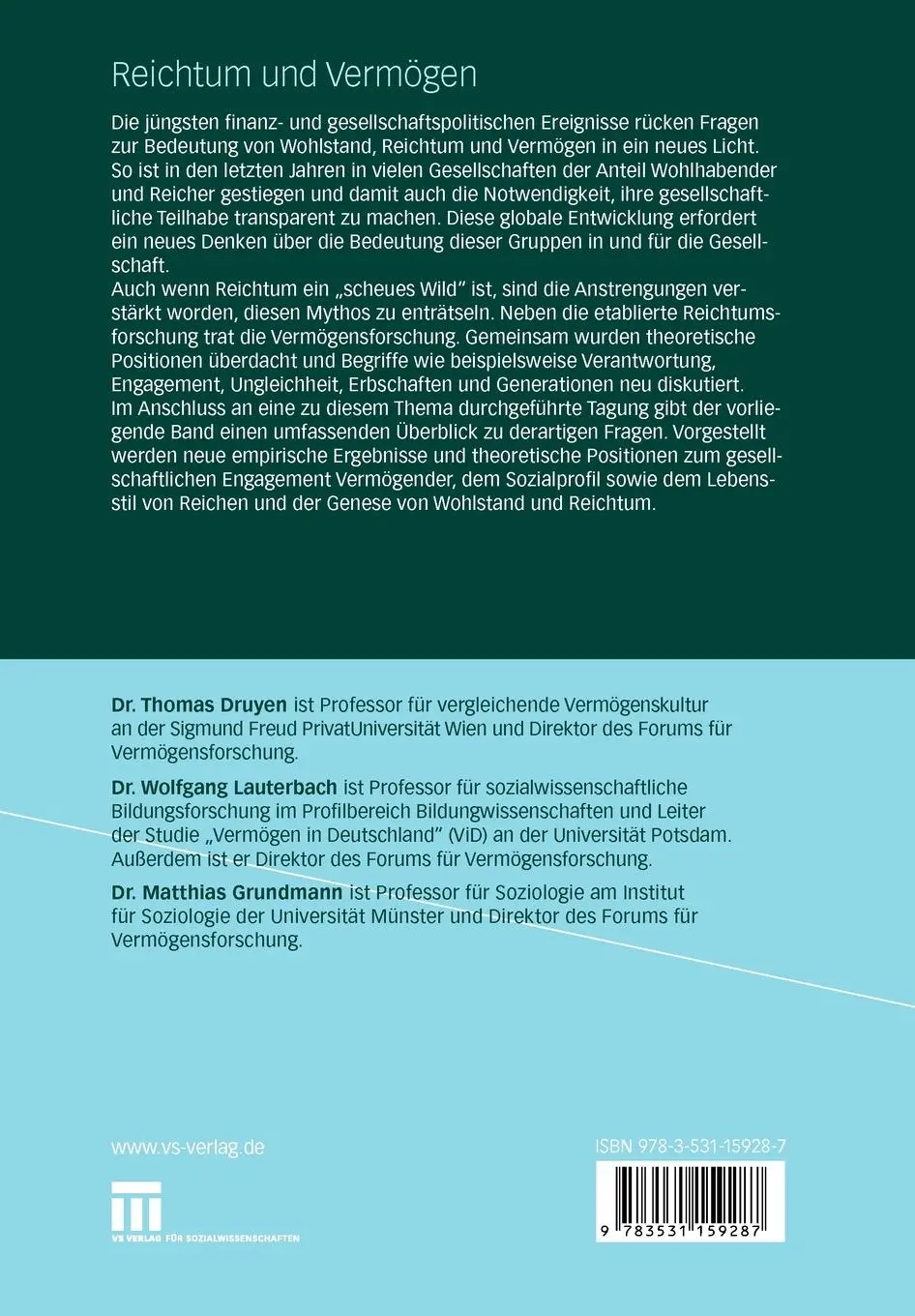 Rückseite: 9783531159287 | Reichtum und Vermögen | Thomas Druyen (u. a.) | Taschenbuch | 298 S.