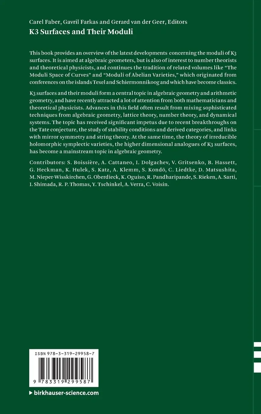 Rückseite: 9783319299587 | K3 Surfaces and Their Moduli | Carel Faber (u. a.) | Buch | ix | 2016