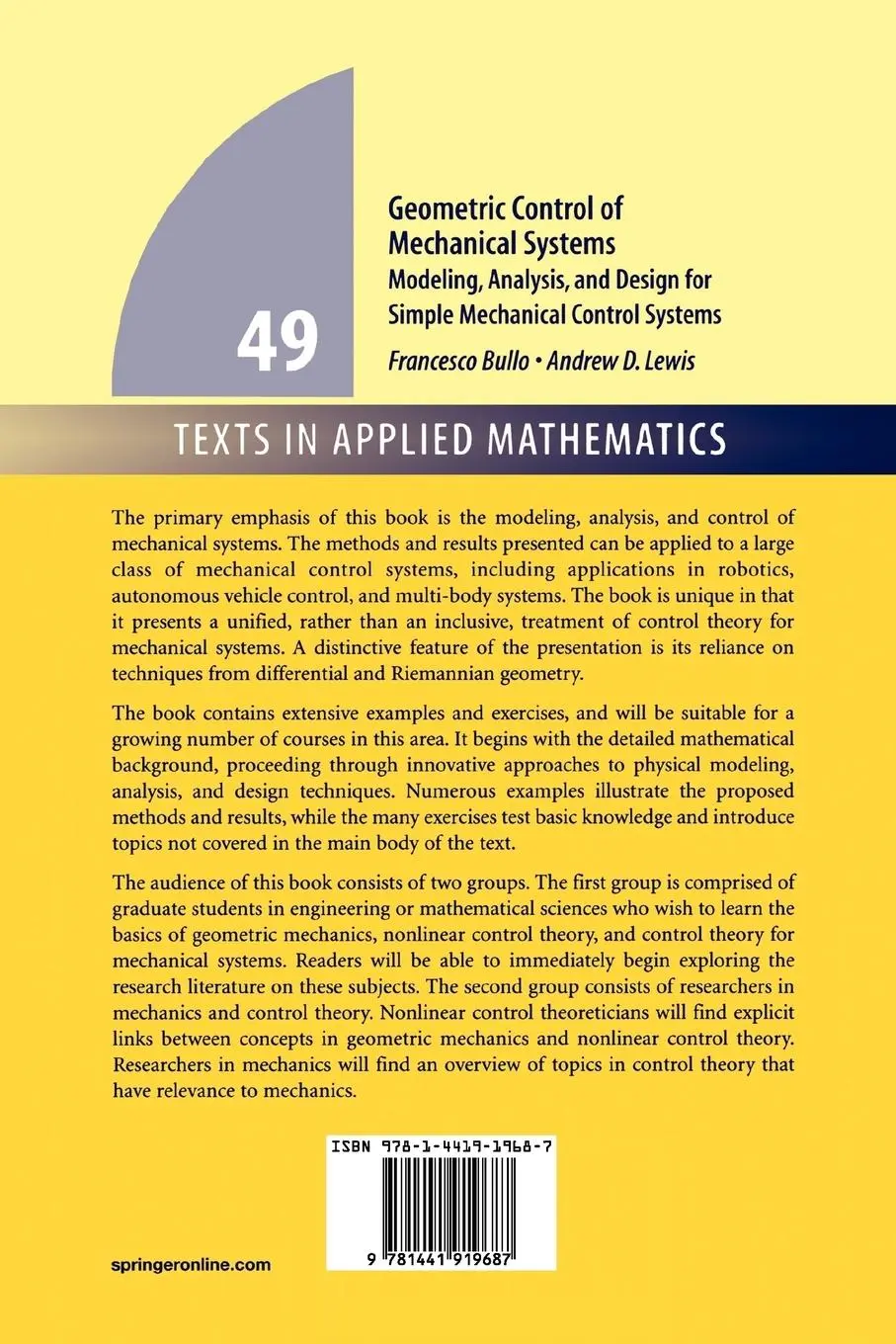 Rückseite: 9781441919687 | Geometric Control of Mechanical Systems | Andrew D. Lewis (u. a.)