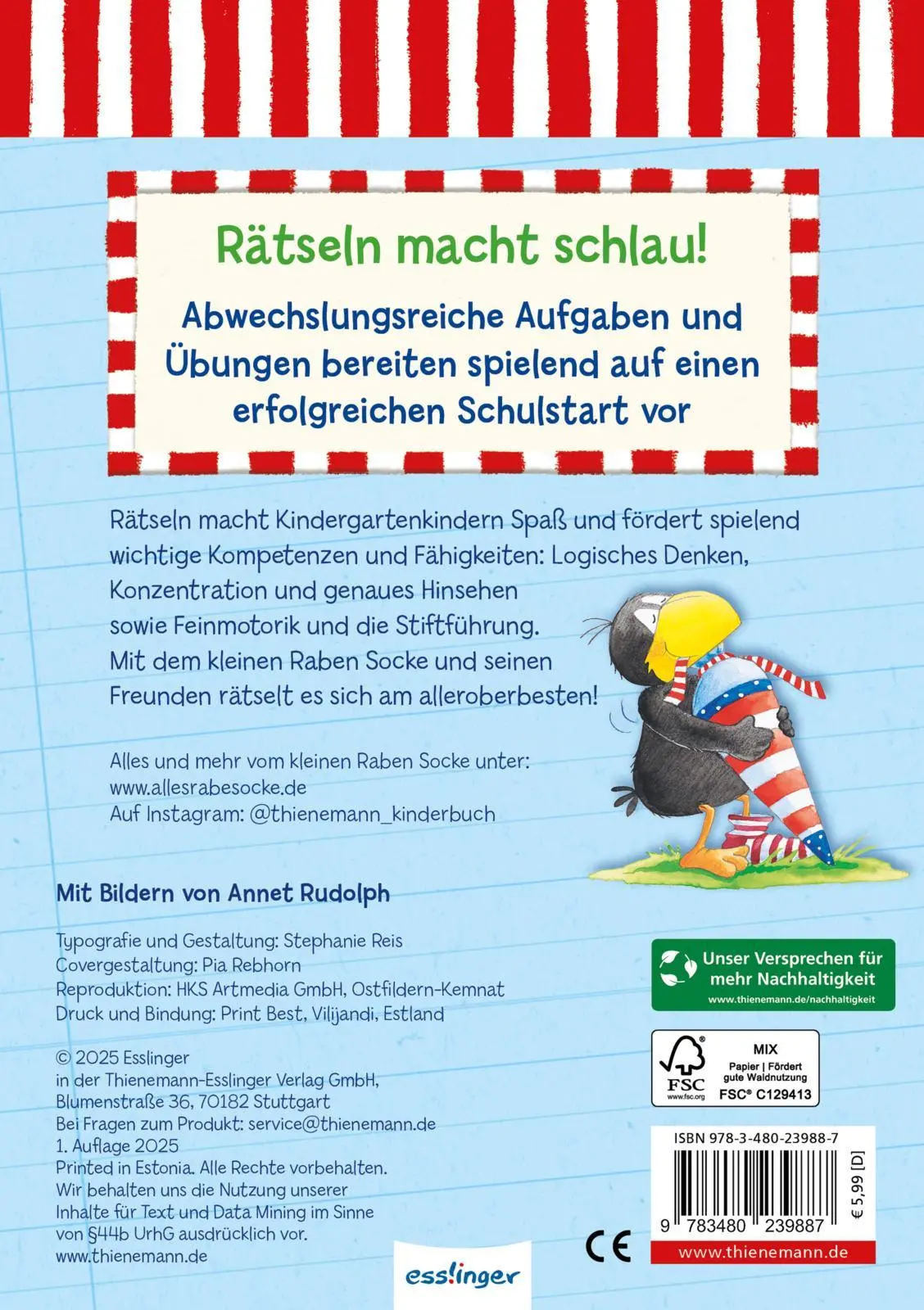 Rückseite: 9783480239887 | Der kleine Rabe Socke: Mein Kindergarten-Rätsel-Block | Annet Rudolph