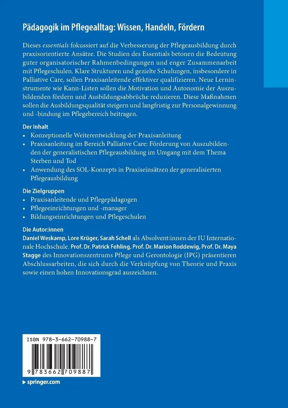 Rückseite: 9783662709887 | Pädagogik im Pflegealltag: Wissen, Handeln, Fördern | Weskamp (u. a.)