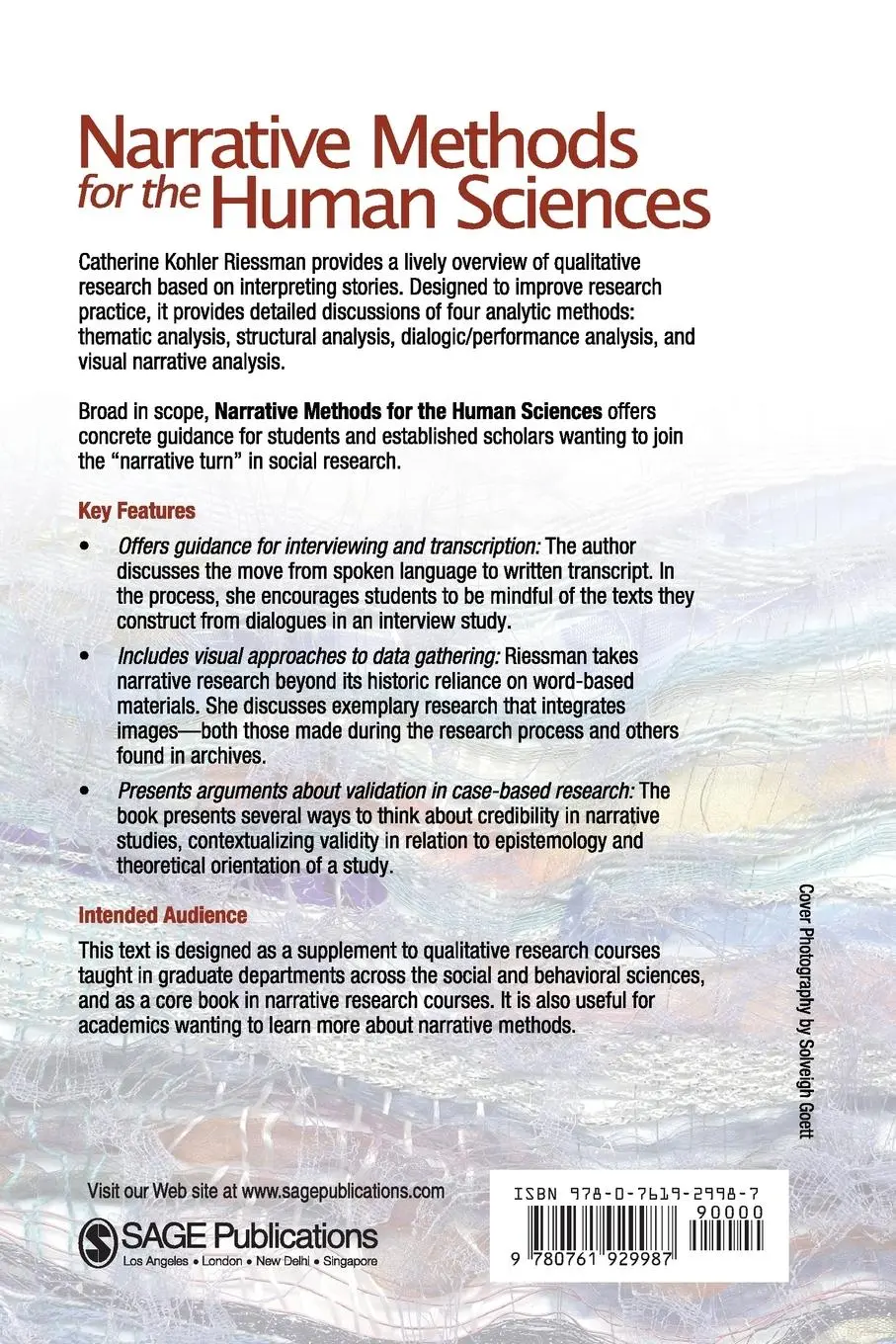 Rückseite: 9780761929987 | Narrative Methods for the Human Sciences | Catherine Kohler Riessman