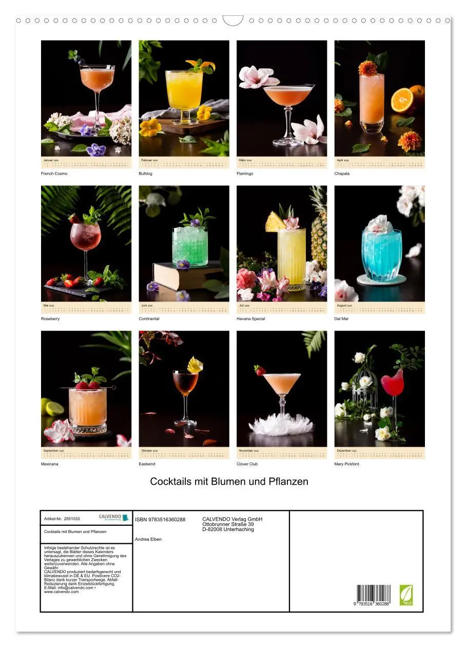 Bild: 9783516360288 | Cocktails mit Blumen und Pflanzen (Wandkalender 2026 DIN A2 hoch),...