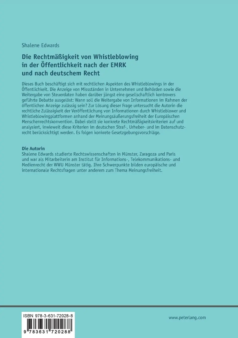 Rückseite: 9783631720288 | Die Rechtmäßigkeit von Whistleblowing in der Öffentlichkeit nach...