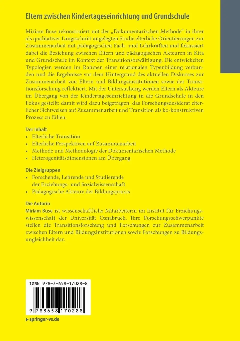 Rückseite: 9783658170288 | Eltern zwischen Kindertageseinrichtung und Grundschule | Miriam Buse