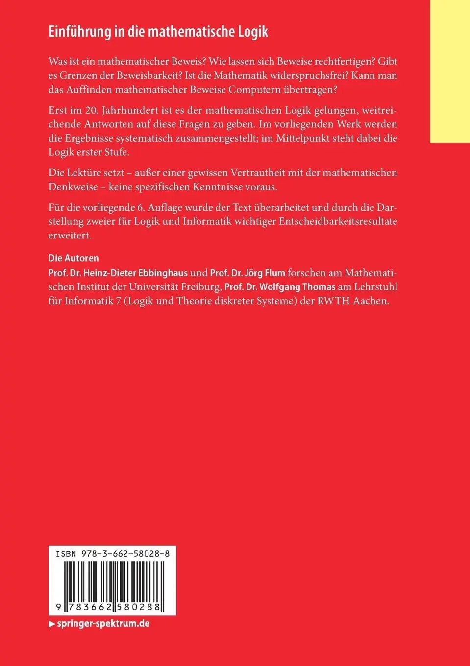Rückseite: 9783662580288 | Einführung in die mathematische Logik | Ebbinghaus (u. a.) | Buch | ix
