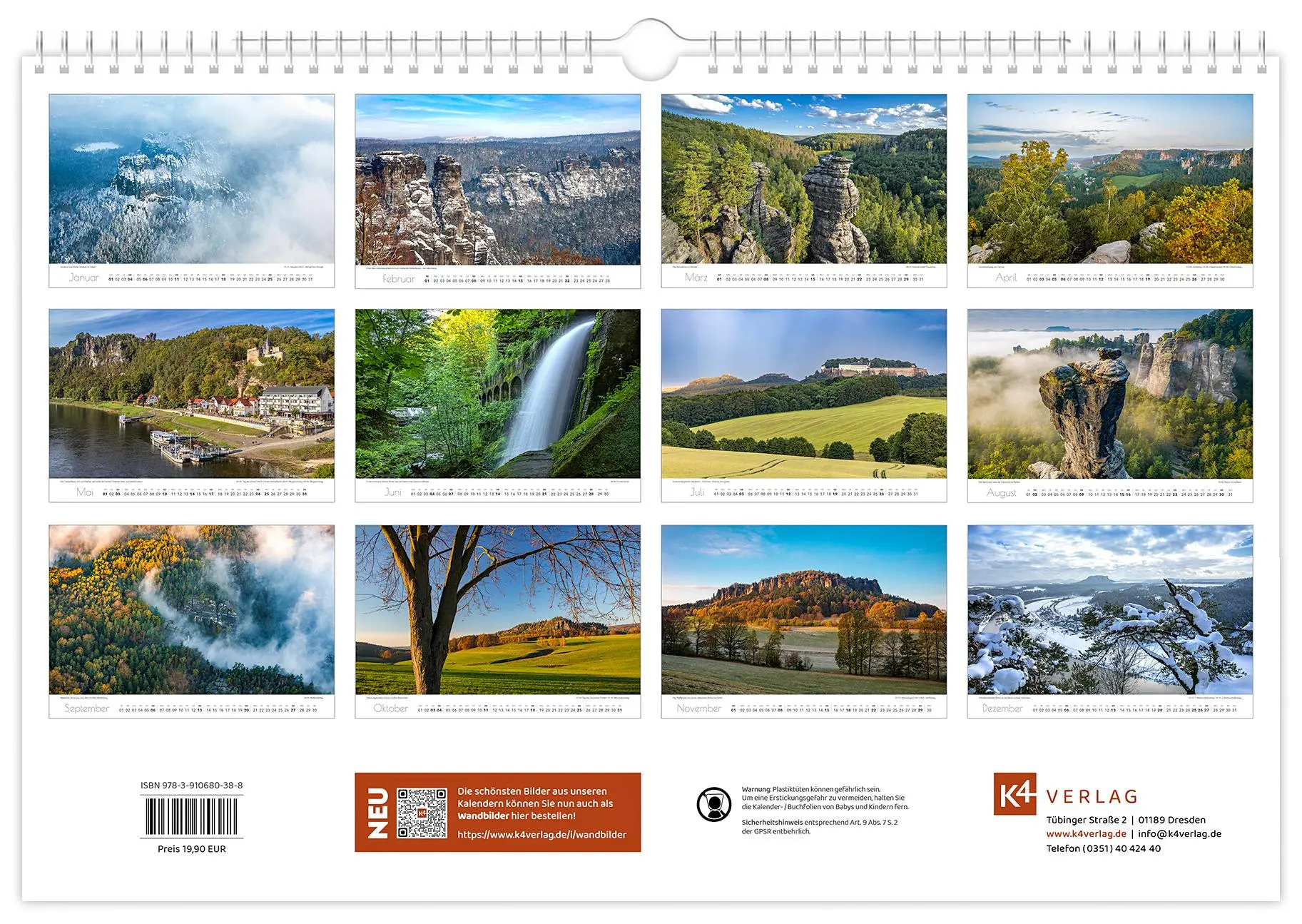 Bild: 9783910680388 | Kalender Sächsische Schweiz 2026 | 45 x 30 cm weißes Kalendarium