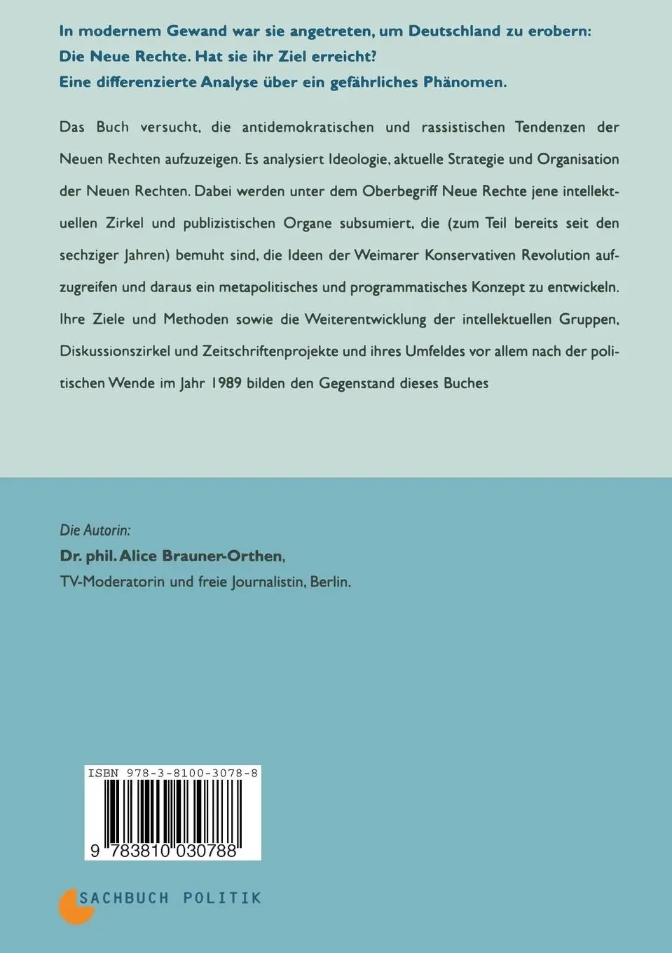 Rückseite: 9783810030788 | Die Neue Rechte in Deutschland | Alice Brauner-Orthen | Taschenbuch