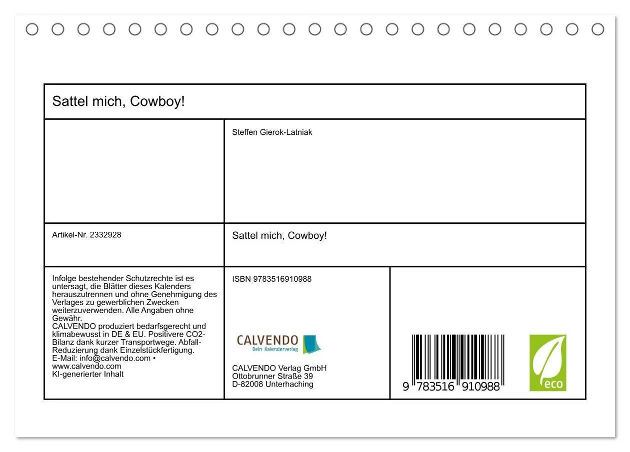 Bild: 9783516910988 | Sattel mich, Cowboy! (Tischkalender 2027 DIN A5 quer), CALVENDO...
