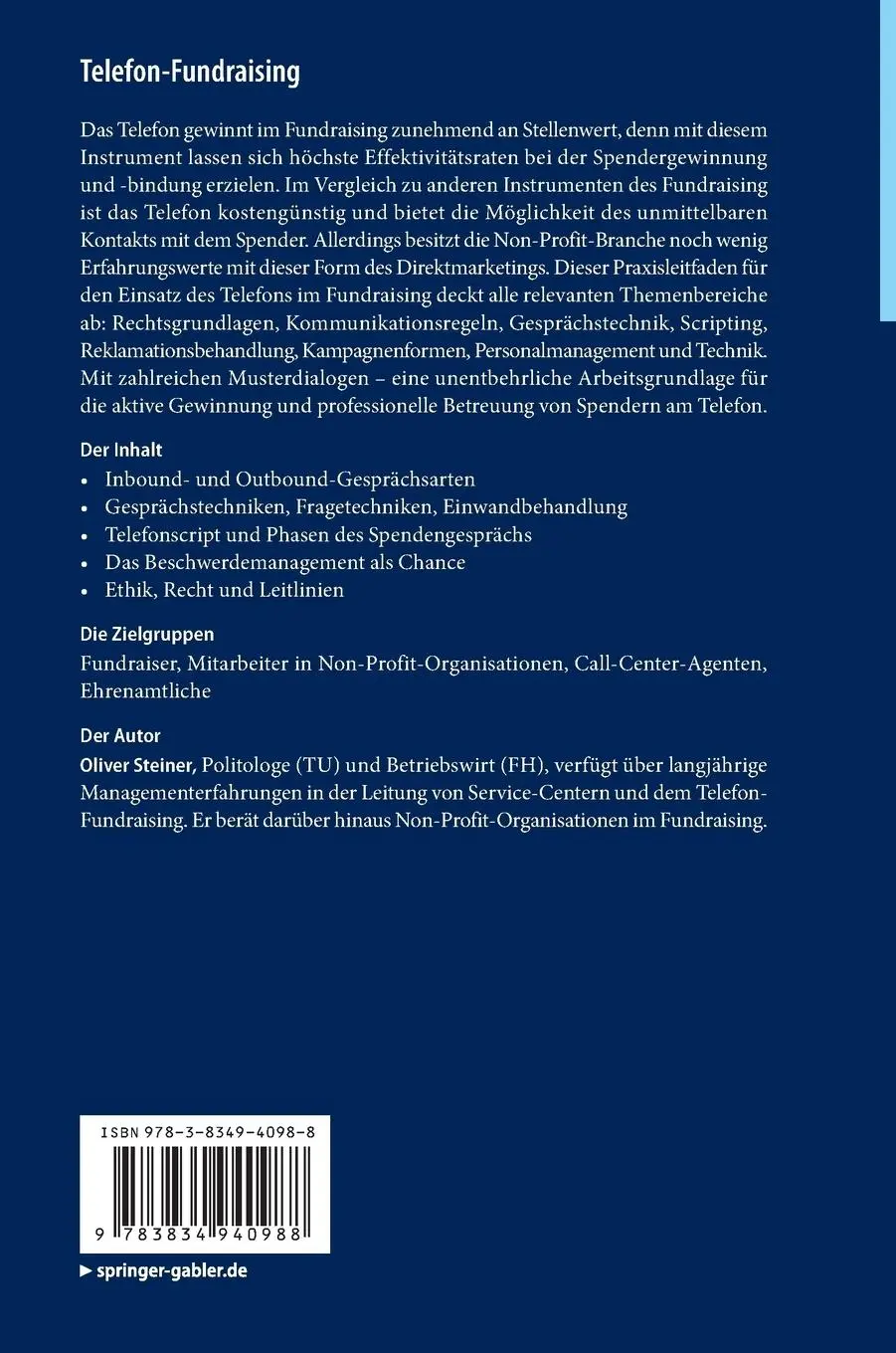 Rückseite: 9783834940988 | Telefon-Fundraising | Oliver Steiner | Buch | xii | Deutsch | 2013