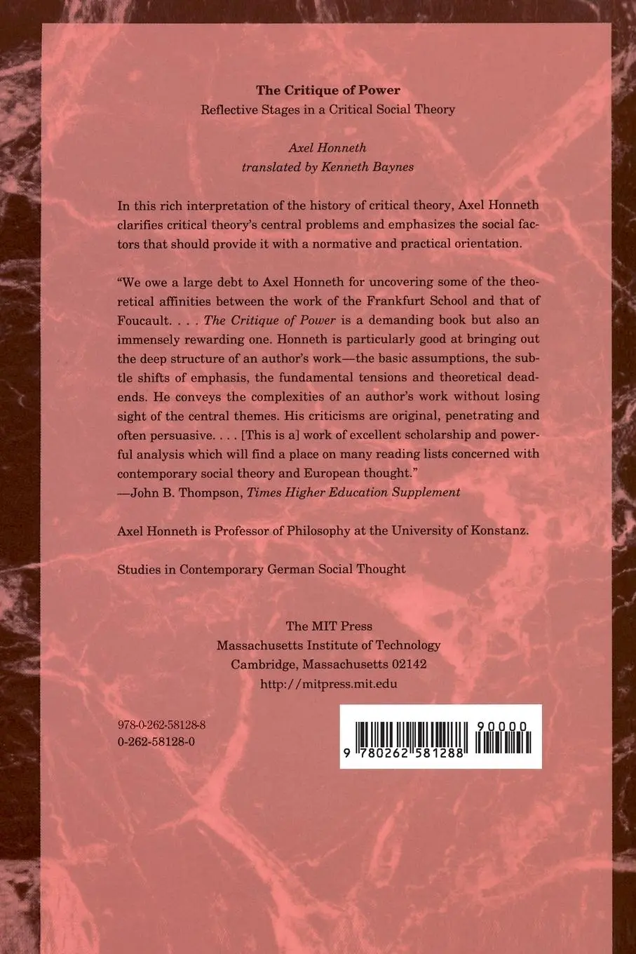 Rückseite: 9780262581288 | The Critique of Power | Reflective Stages in a Critical Social Theory