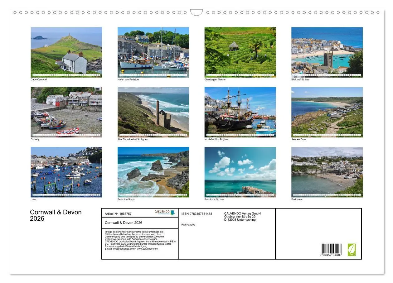 Bild: 9783457531488 | Cornwall &amp; Devon 2026 (Wandkalender 2026 DIN A2 quer), CALVENDO...
