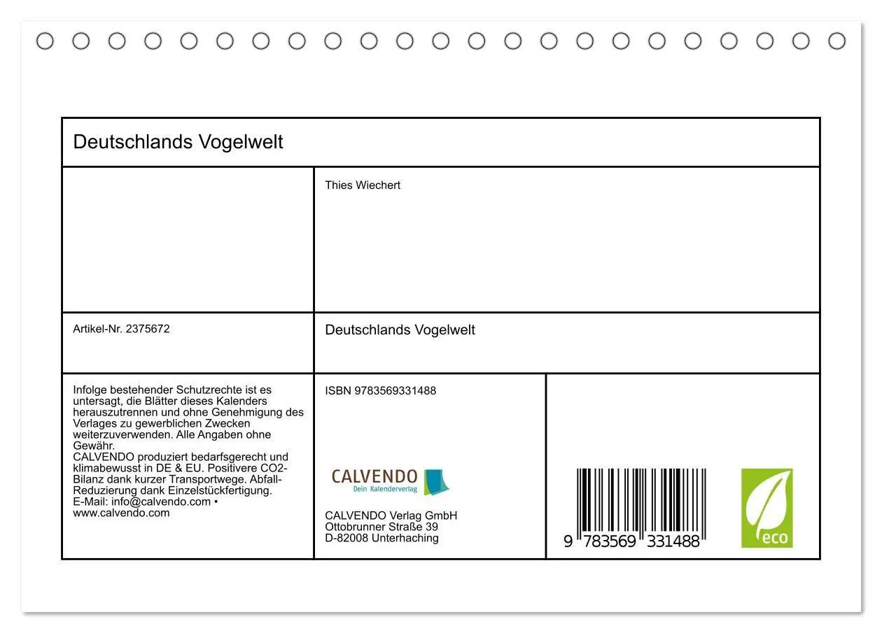 Bild: 9783569331488 | Deutschlands Vogelwelt (Tischkalender 2027 DIN A5 quer), CALVENDO...