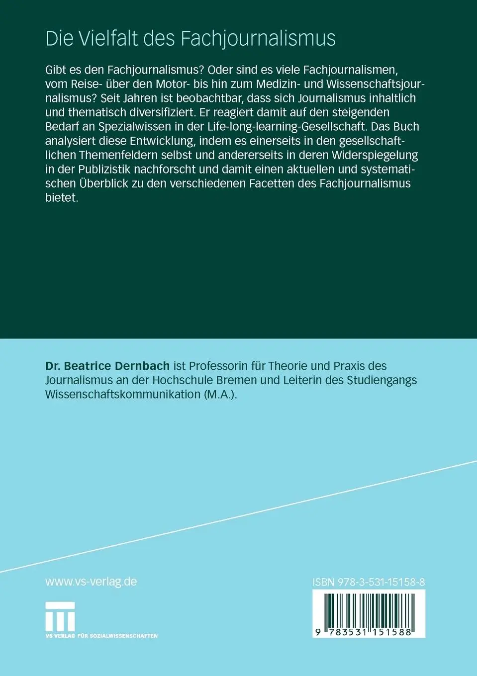 Rückseite: 9783531151588 | Die Vielfalt des Fachjournalismus | Eine systematische Einführung