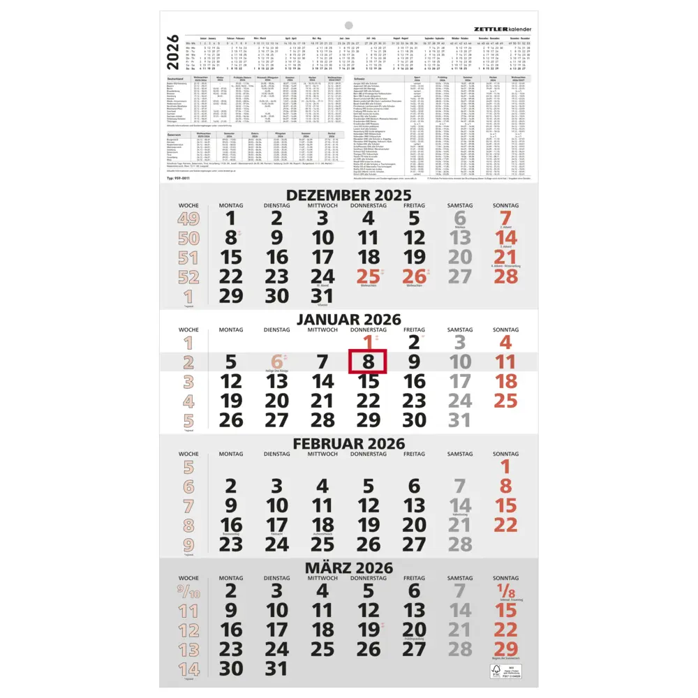 Cover: 4069095001688 | Zettler 4-Monatskalender rot 2026 - Wandkalender 33 × 59 cm mit...
