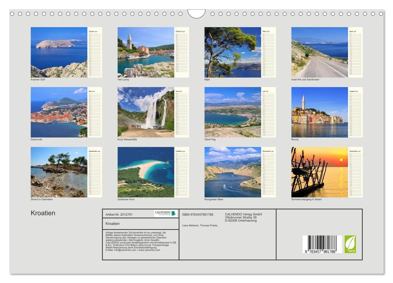 Bild: 9783457981788 | Kroatien (Wandkalender 2026 DIN A3 quer), CALVENDO Monatskalender