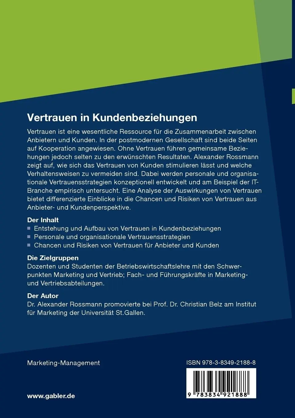 Rückseite: 9783834921888 | Vertrauen in Kundenbeziehungen | Alexander Rossmann | Taschenbuch