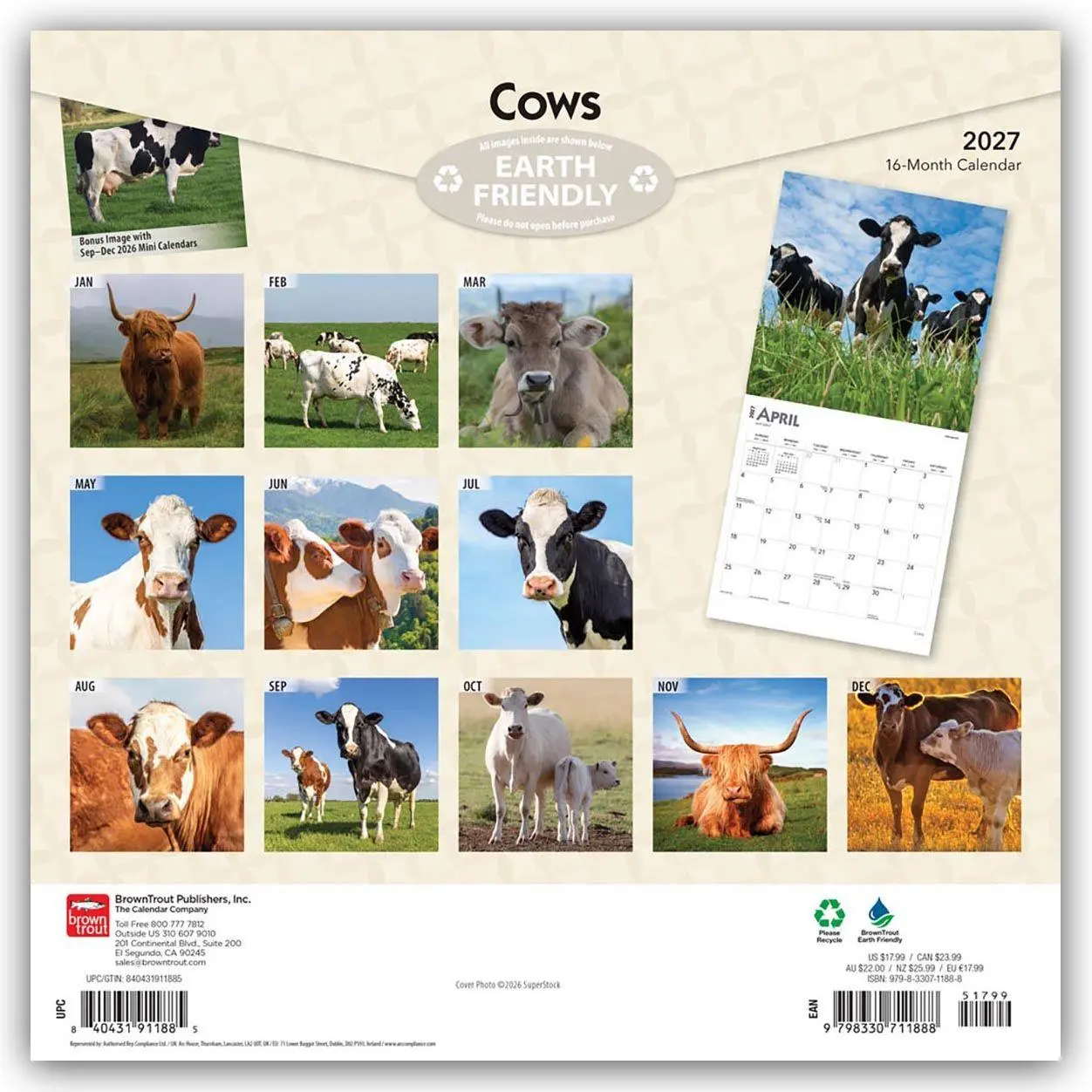 Rückseite: 9798330711888 | Cows - Kühe 2027 - 16-Monatskalender | Browntrout Publishers | 28 S.