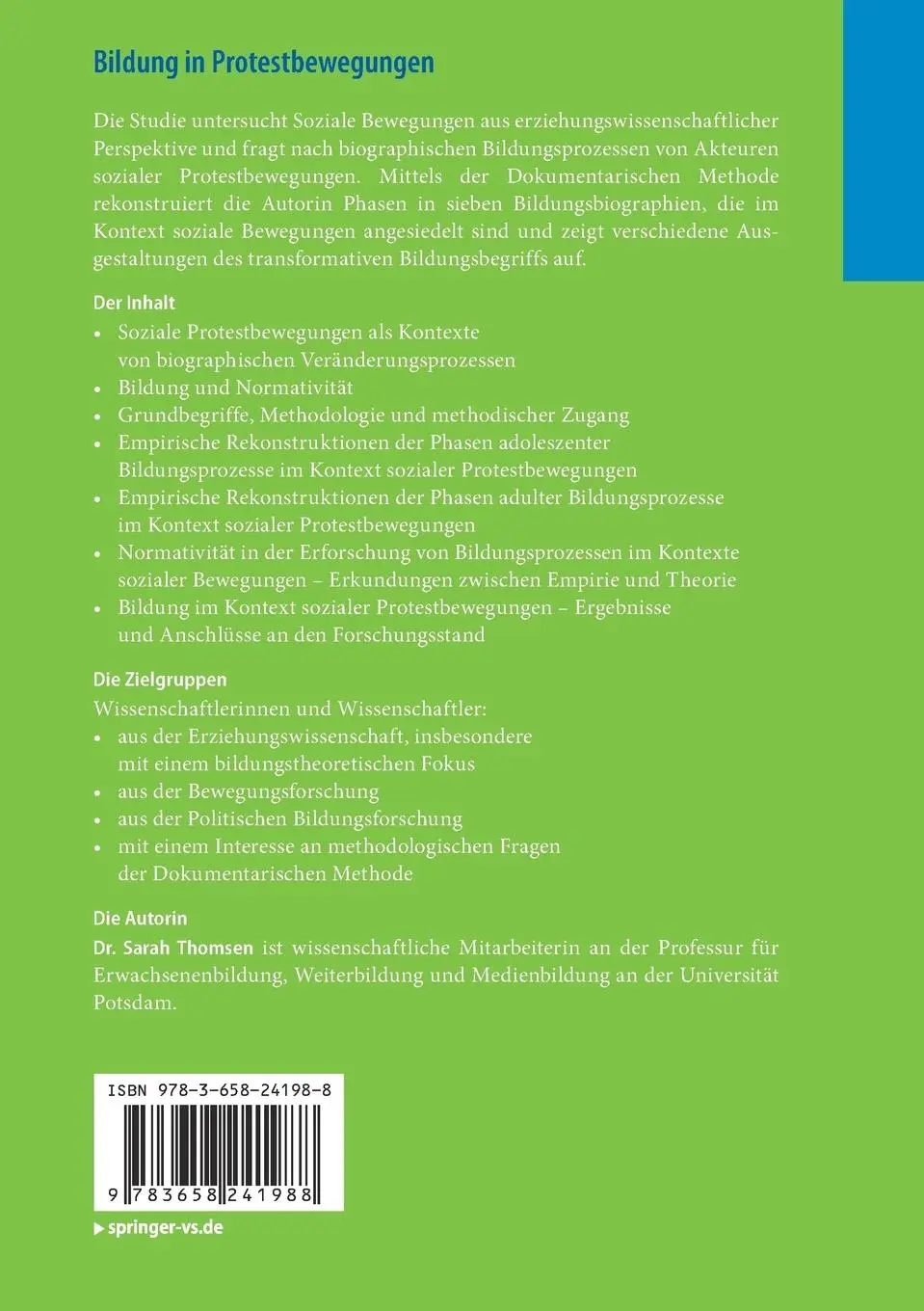 Rückseite: 9783658241988 | Bildung in Protestbewegungen | Sarah Thomsen | Taschenbuch | xi | 2019