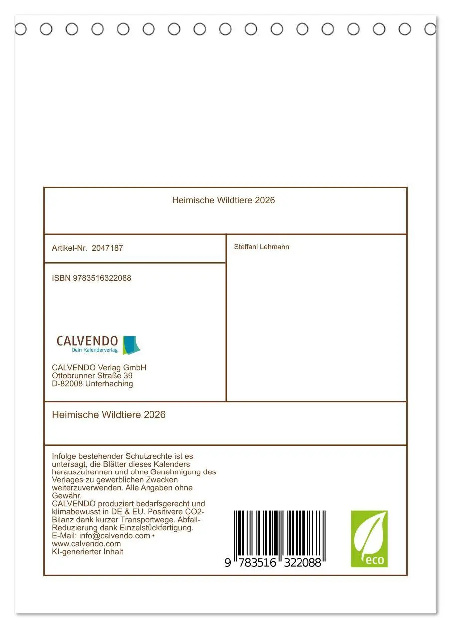 Bild: 9783516322088 | Heimische Wildtiere 2026 (Tischkalender 2026 DIN A5 hoch), CALVENDO...