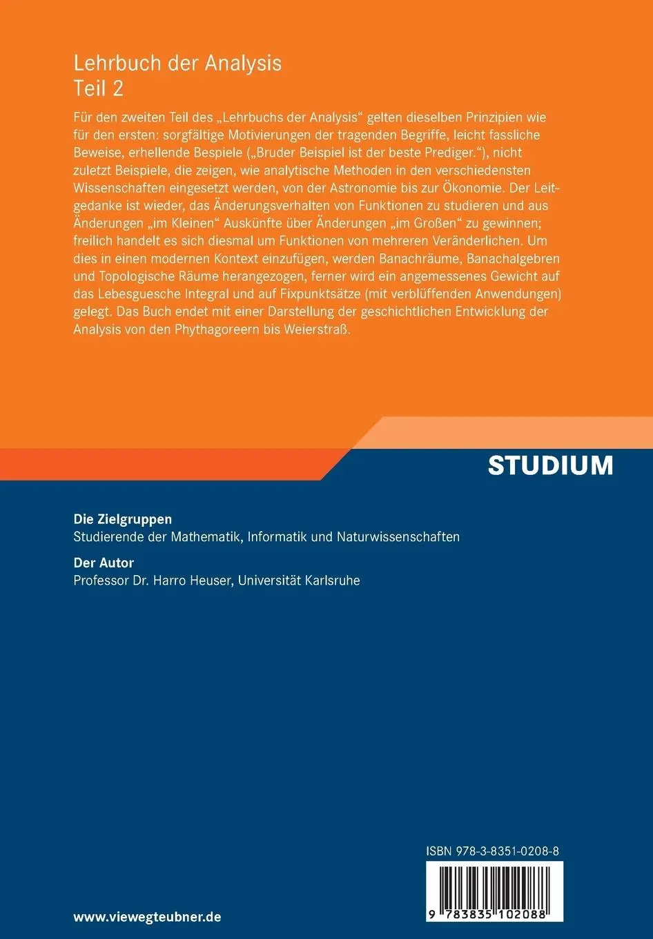 Rückseite: 9783835102088 | Lehrbuch der Analysis. Teil 2 | Harro Heuser | Taschenbuch | 737 S.