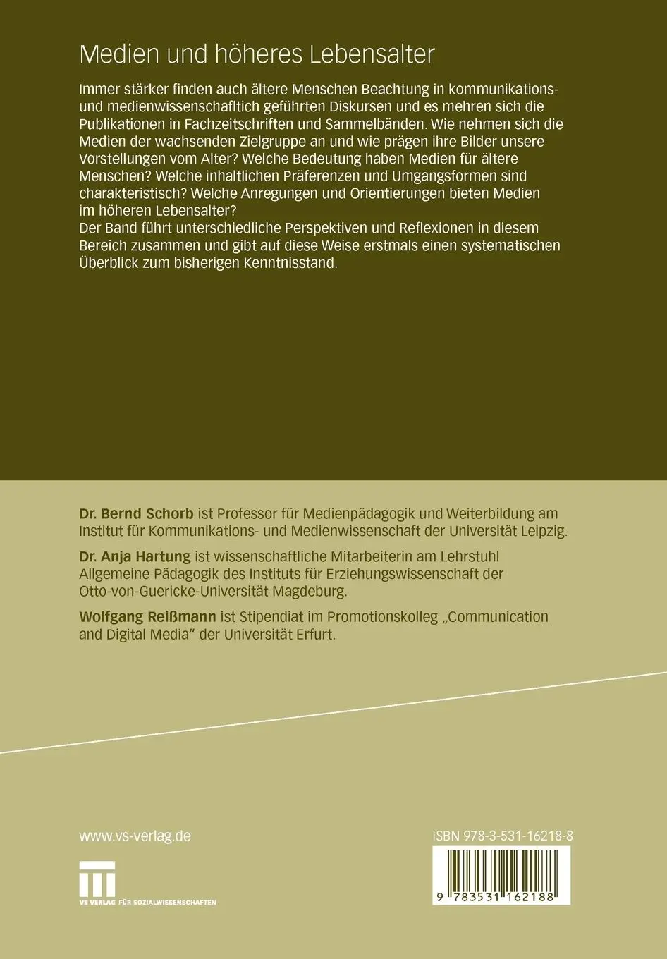 Rückseite: 9783531162188 | Medien und höheres Lebensalter | Theorie - Forschung - Praxis | Buch