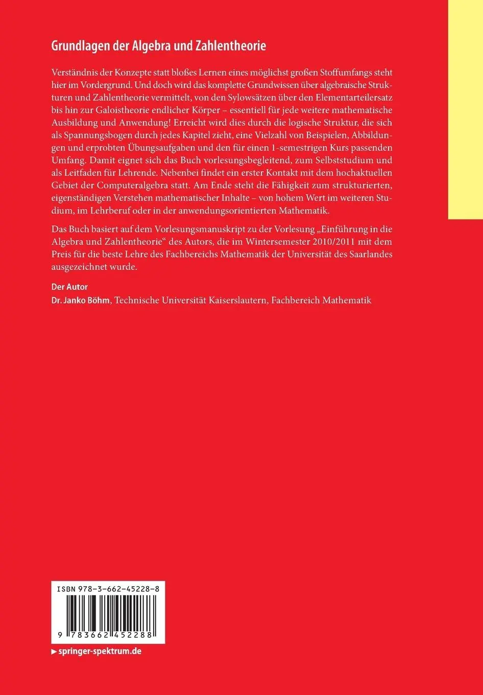 Rückseite: 9783662452288 | Grundlagen der Algebra und Zahlentheorie | Janko Böhm | Taschenbuch