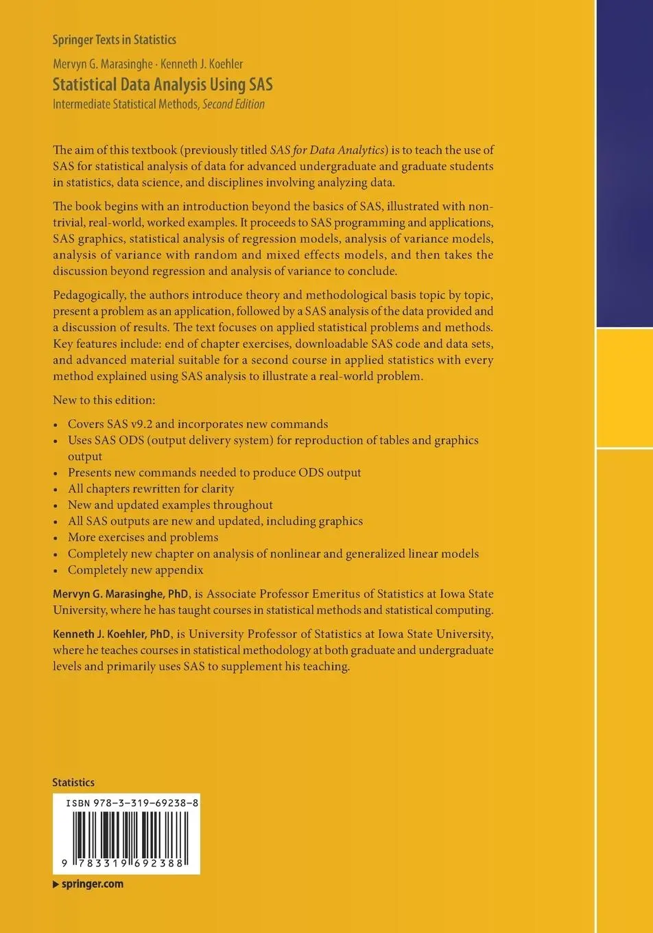 Rückseite: 9783319692388 | Statistical Data Analysis Using SAS | Intermediate Statistical Methods