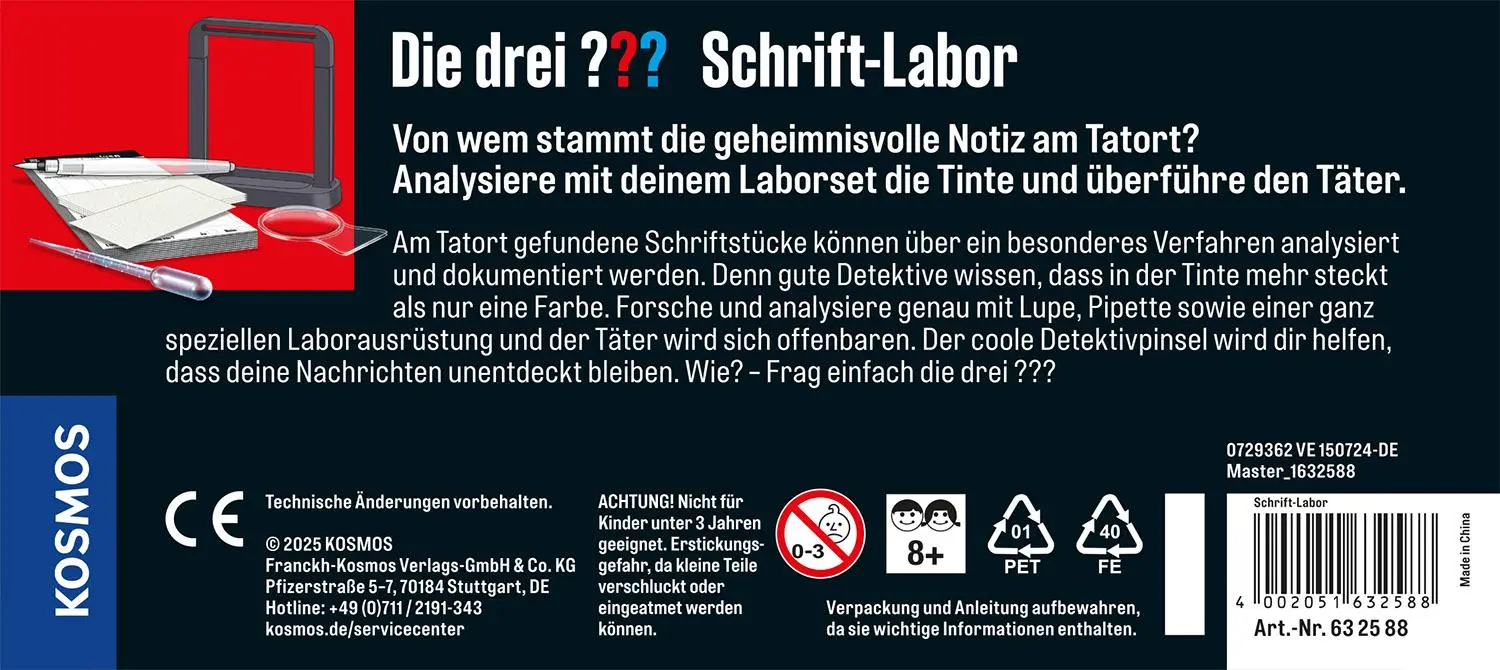 Rückseite: 4002051632588 | Die drei ??? Schrift-Labor | Detektiv-Set | Spiel | 632588 | Deutsch