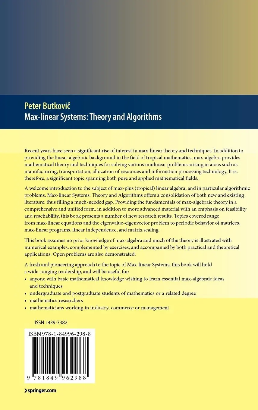 Rückseite: 9781849962988 | Max-linear Systems: Theory and Algorithms | Peter Butkovi | Buch