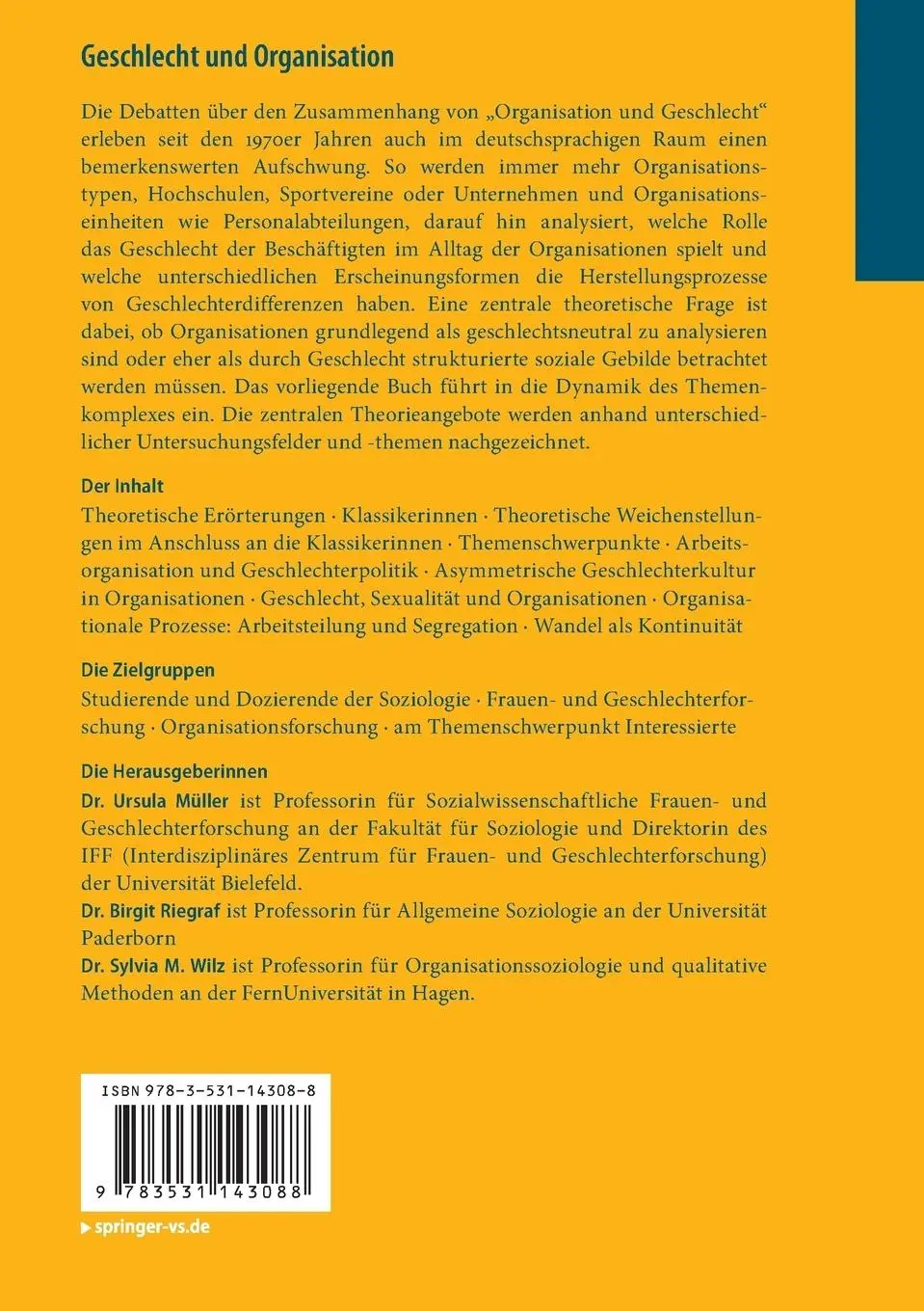 Rückseite: 9783531143088 | Geschlecht und Organisation | Ursula Müller (u. a.) | Taschenbuch