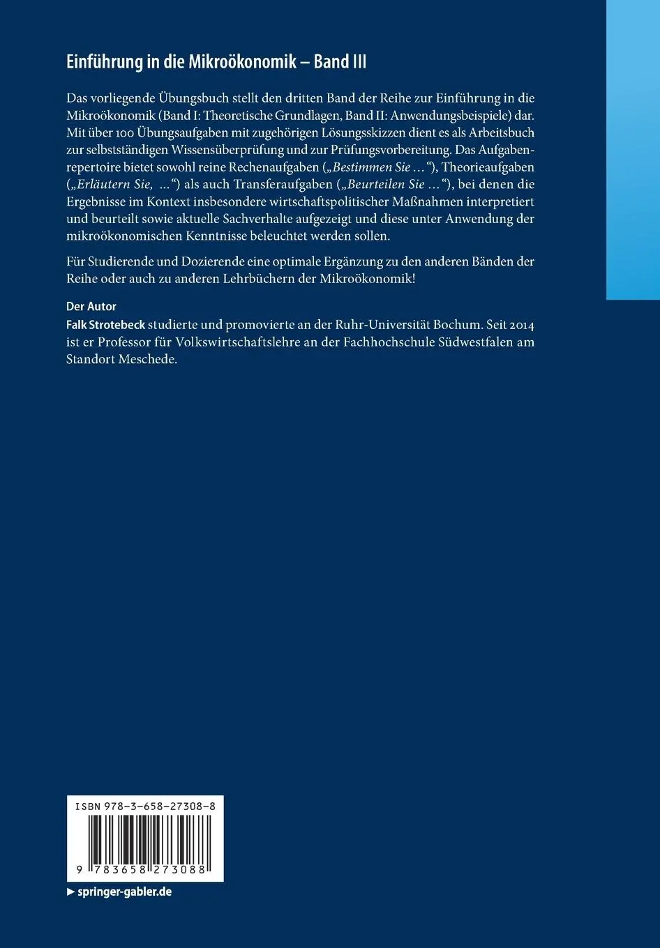 Rückseite: 9783658273088 | Einführung in die Mikroökonomik | Band III: Übungen und Lösungen