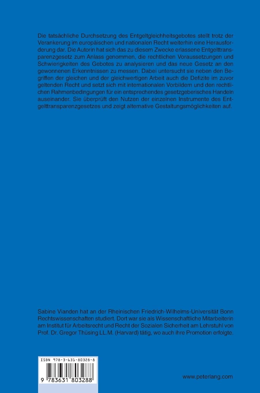Rückseite: 9783631803288 | Gleiches Entgelt für gleiche und gleichwertige Arbeit | Vianden | Buch