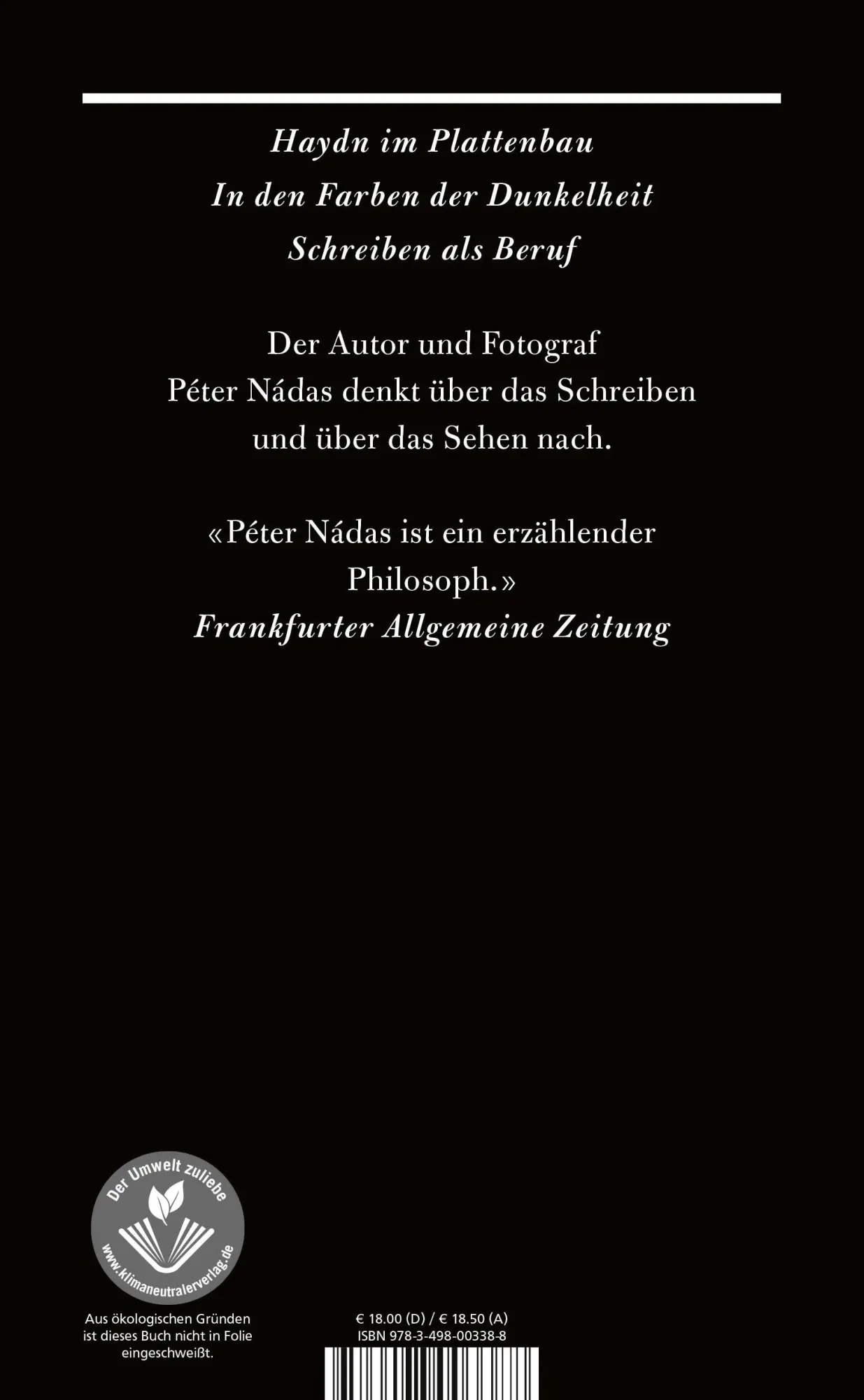 Rückseite: 9783498003388 | Schreiben als Beruf | Péter Nádas | Buch | 94 S. | Deutsch | 2022