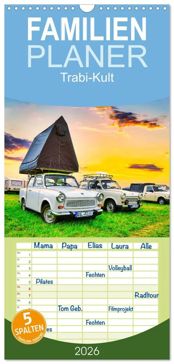 Cover: 9783516503388 | Familienplaner 2026 - Trabi-Kult mit 5 Spalten (Wandkalender, 21 x...