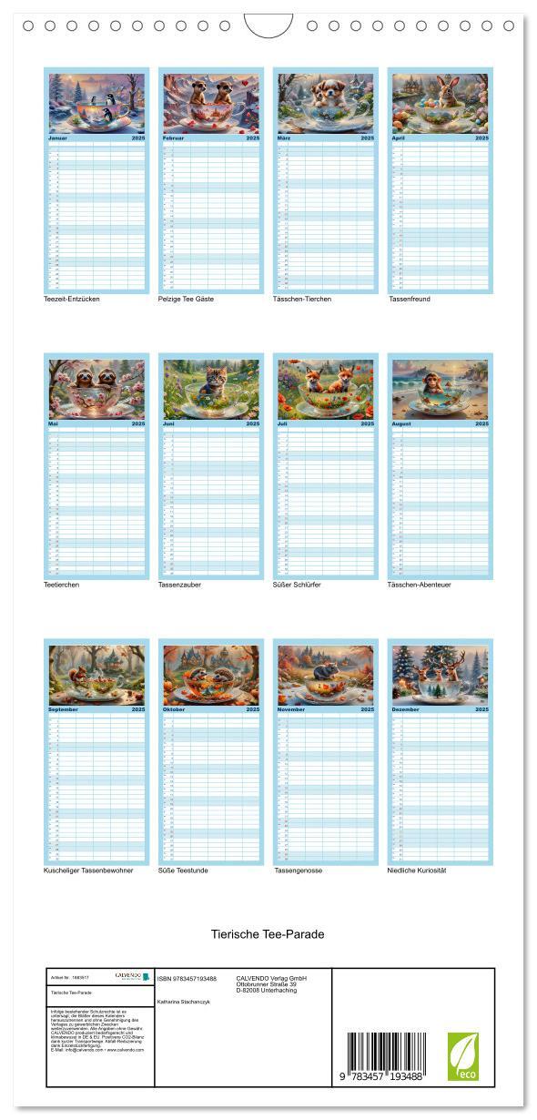 Bild: 9783457193488 | Familienplaner 2025 - Tierische Tee-Parade mit 5 Spalten...