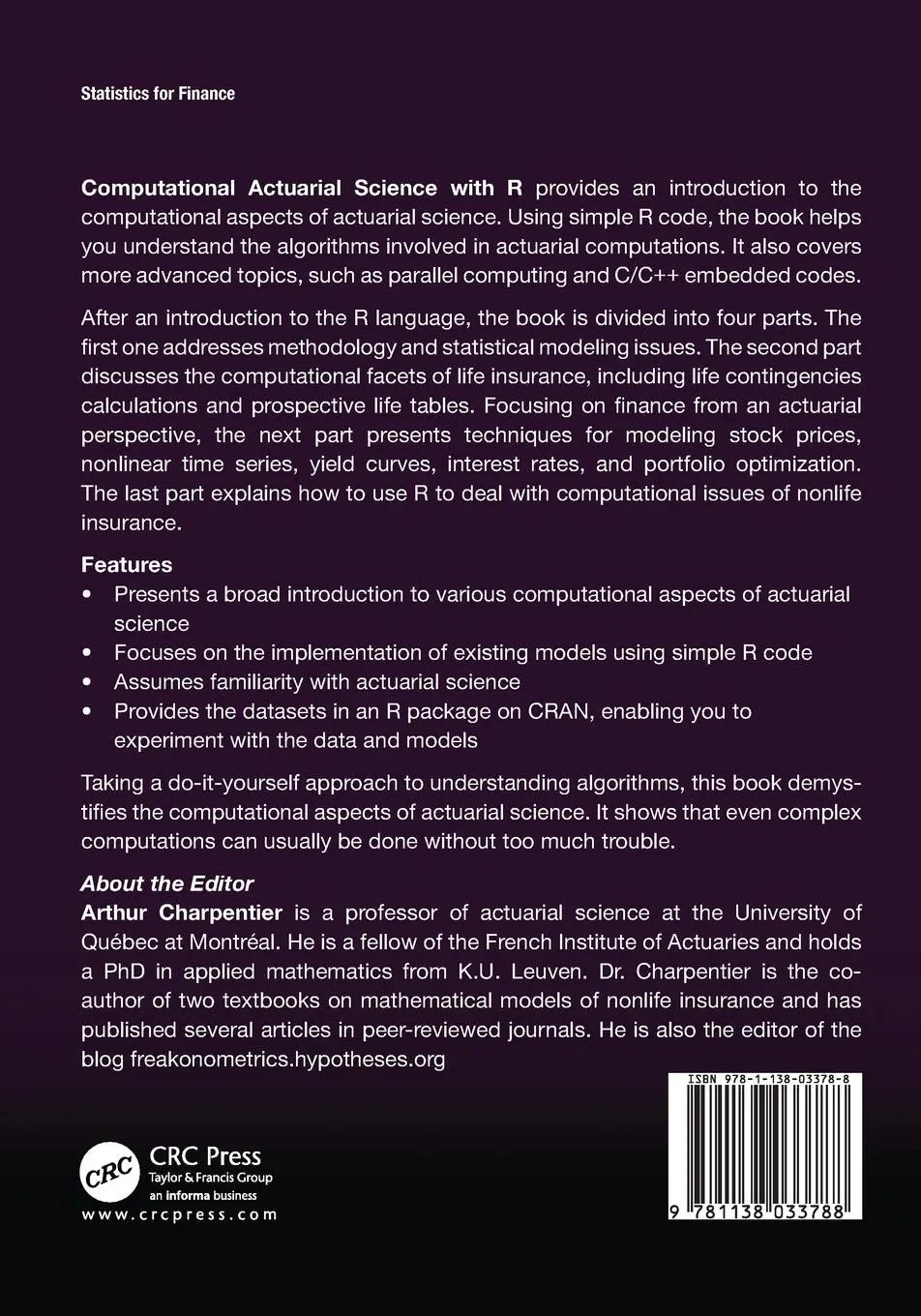 Rückseite: 9781138033788 | Computational Actuarial Science with R | Arthur Charpentier | Buch