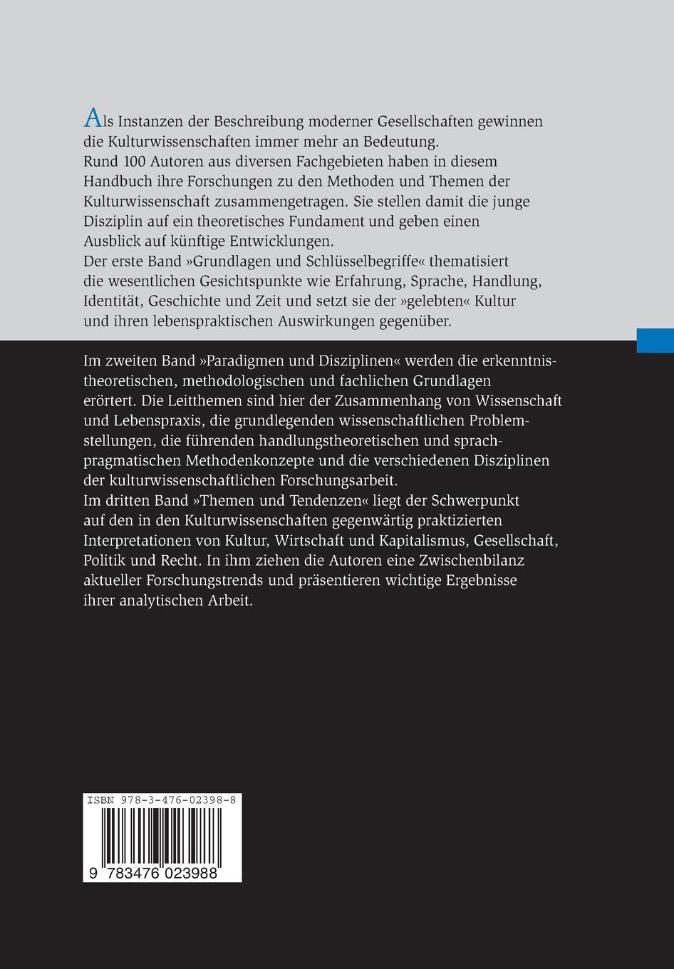 Rückseite: 9783476023988 | Handbuch der Kulturwissenschaften | Band 2: Paradigmen und Disziplinen