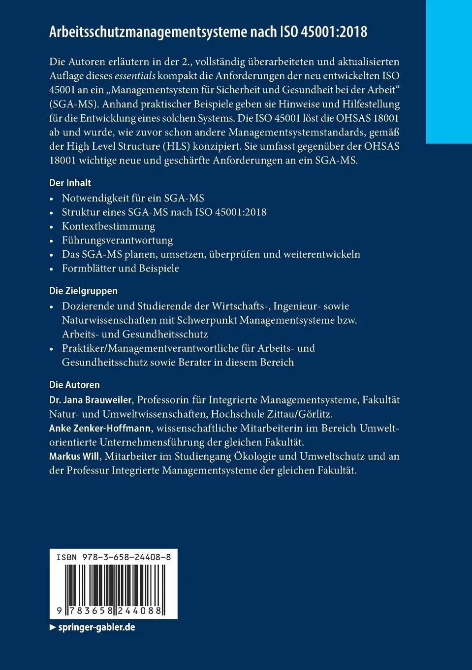 Rückseite: 9783658244088 | Arbeitsschutzmanagementsysteme nach ISO 45001:2018 | Taschenbuch | xiv