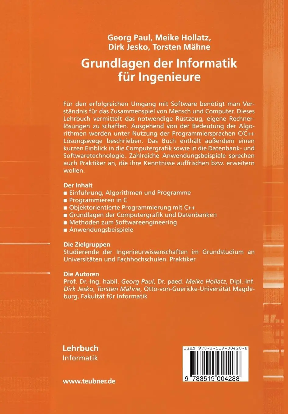 Rückseite: 9783519004288 | Grundlagen der Informatik für Ingenieure | Eine Einführung mit C/C++