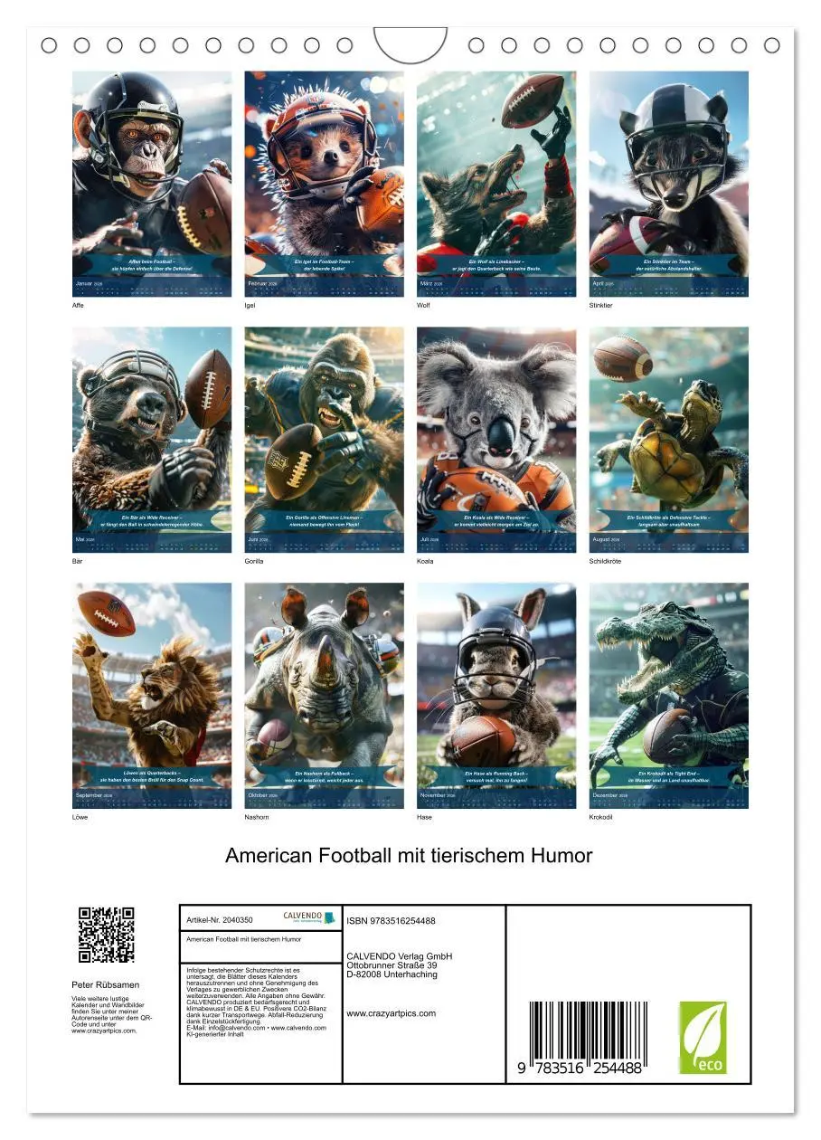 Bild: 9783516254488 | American Football mit tierischem Humor (Wandkalender 2026 DIN A4...