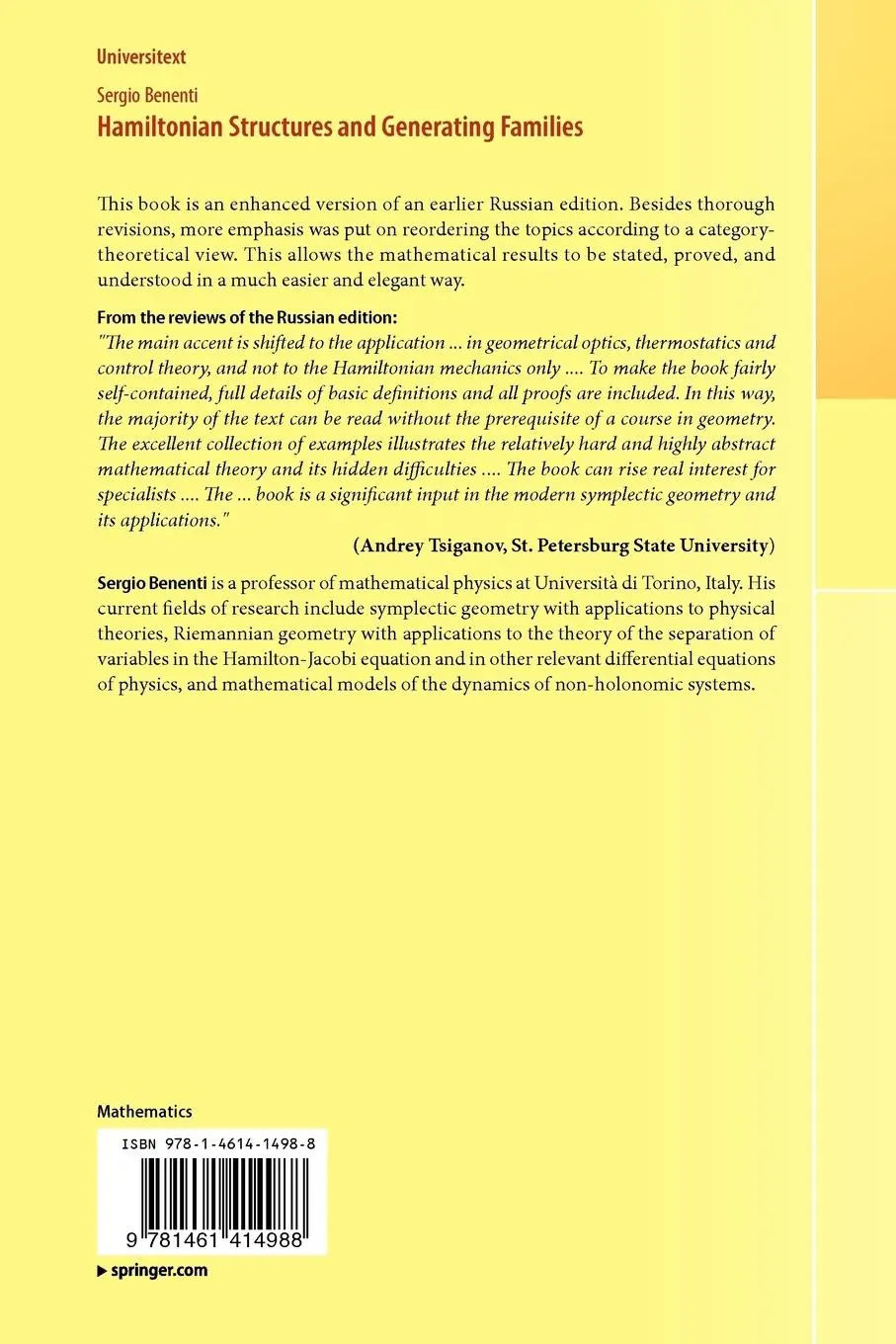 Rückseite: 9781461414988 | Hamiltonian Structures and Generating Families | Sergio Benenti | Buch