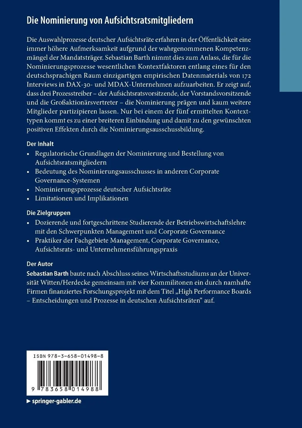 Rückseite: 9783658014988 | Die Nominierung von Aufsichtsratsmitgliedern | Sebastian Barth | Buch