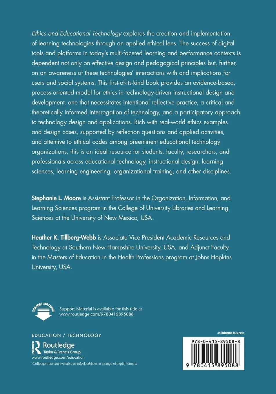 Rückseite: 9780415895088 | Ethics and Educational Technology | Stephanie L. Moore (u. a.) | Buch