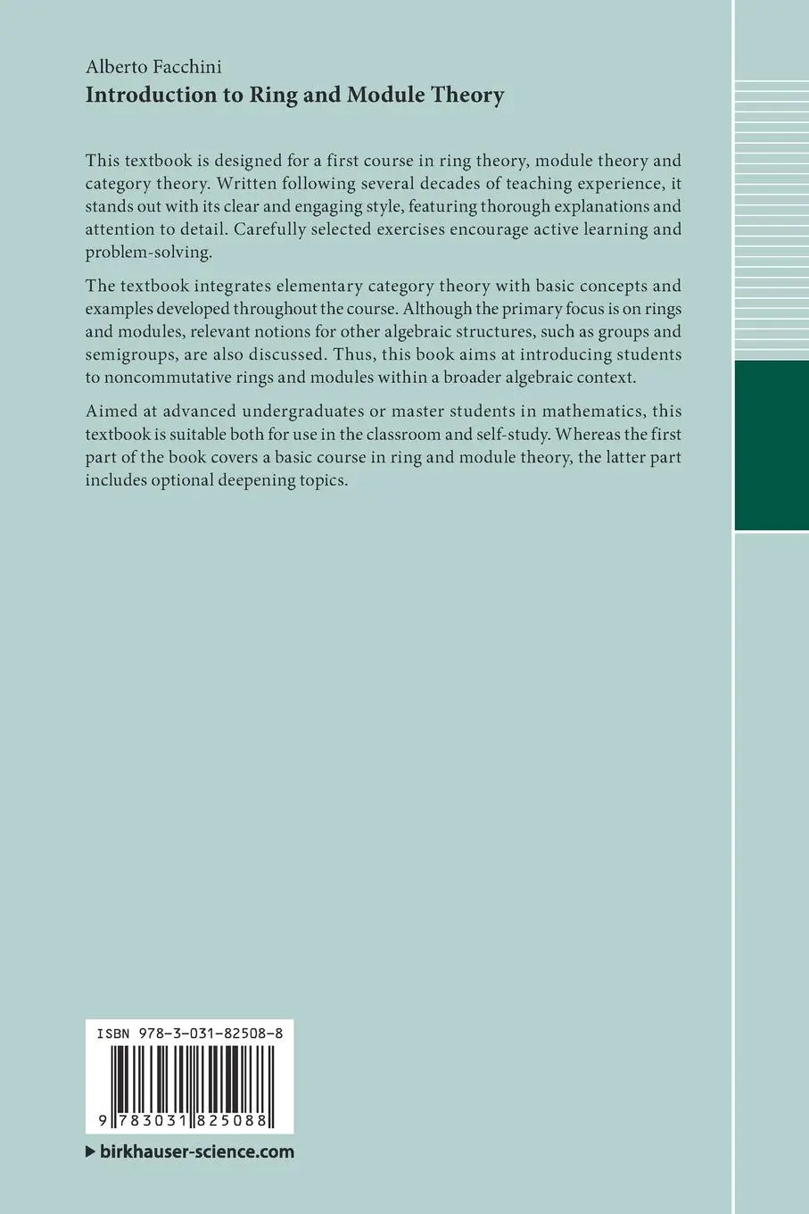 Rückseite: 9783031825088 | Introduction to Ring and Module Theory | Alberto Facchini | Buch