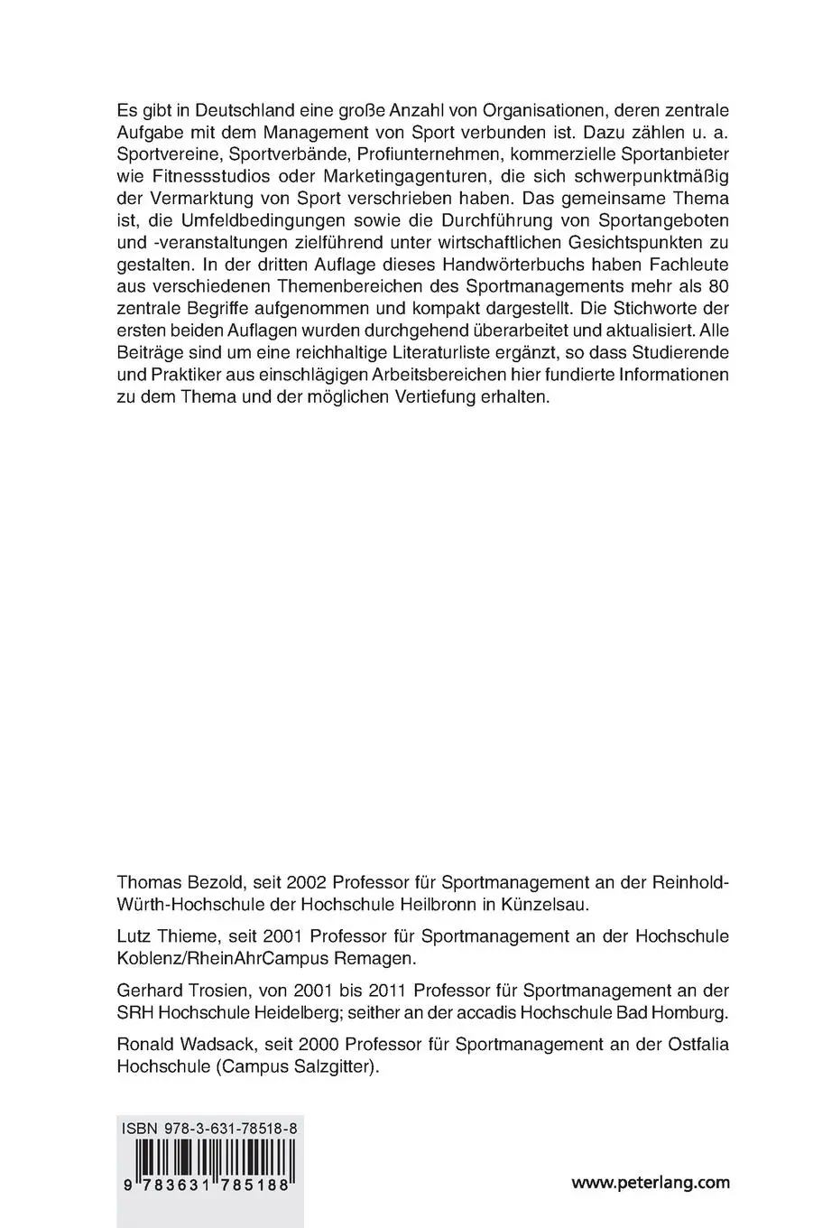 Rückseite: 9783631785188 | Handwörterbuch des Sportmanagements | Thomas Bezold (u. a.) | Buch