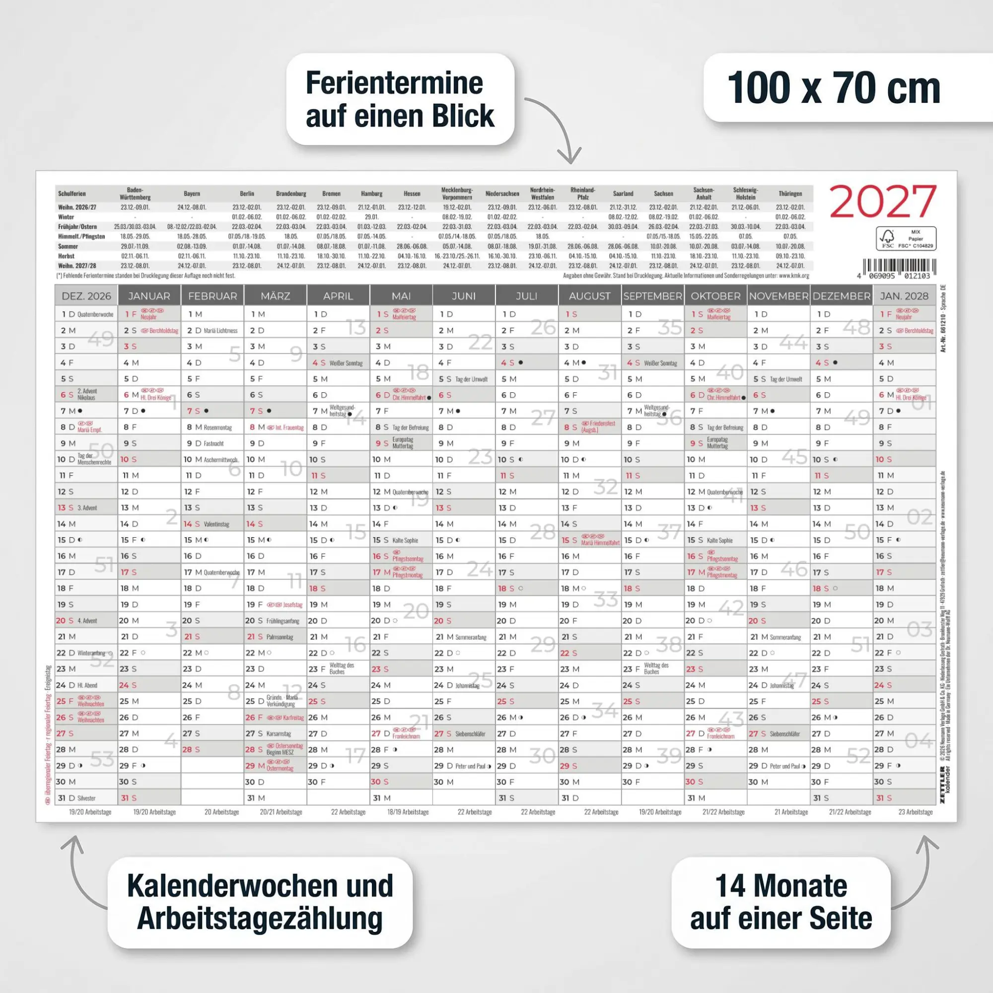 Bild: 4069095015388 | Großer Wandplaner 14 Monate 1 Stk. gerollt 2027 | KG | Kalender | 1 S.